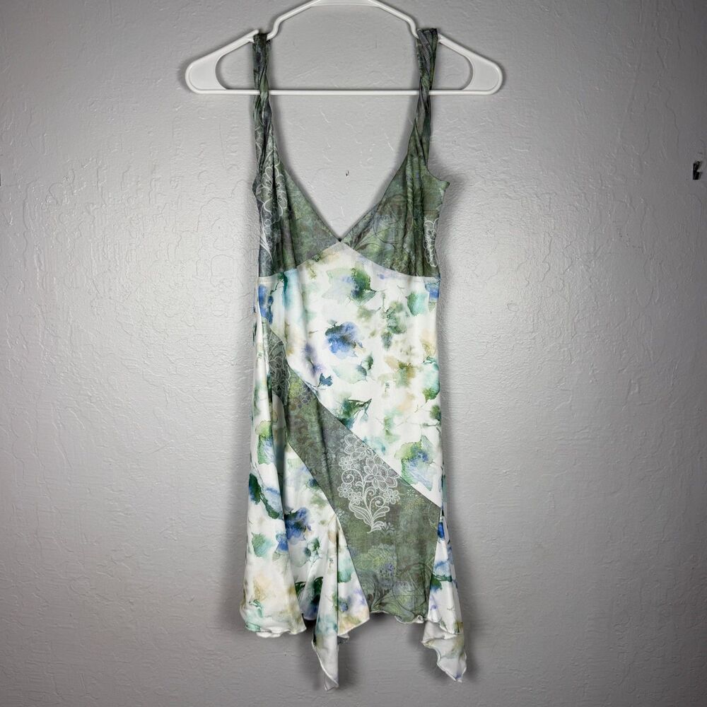 Tiger Mist Floral Handkerchief Hem Mini Dress Women's Medium Blue Green White